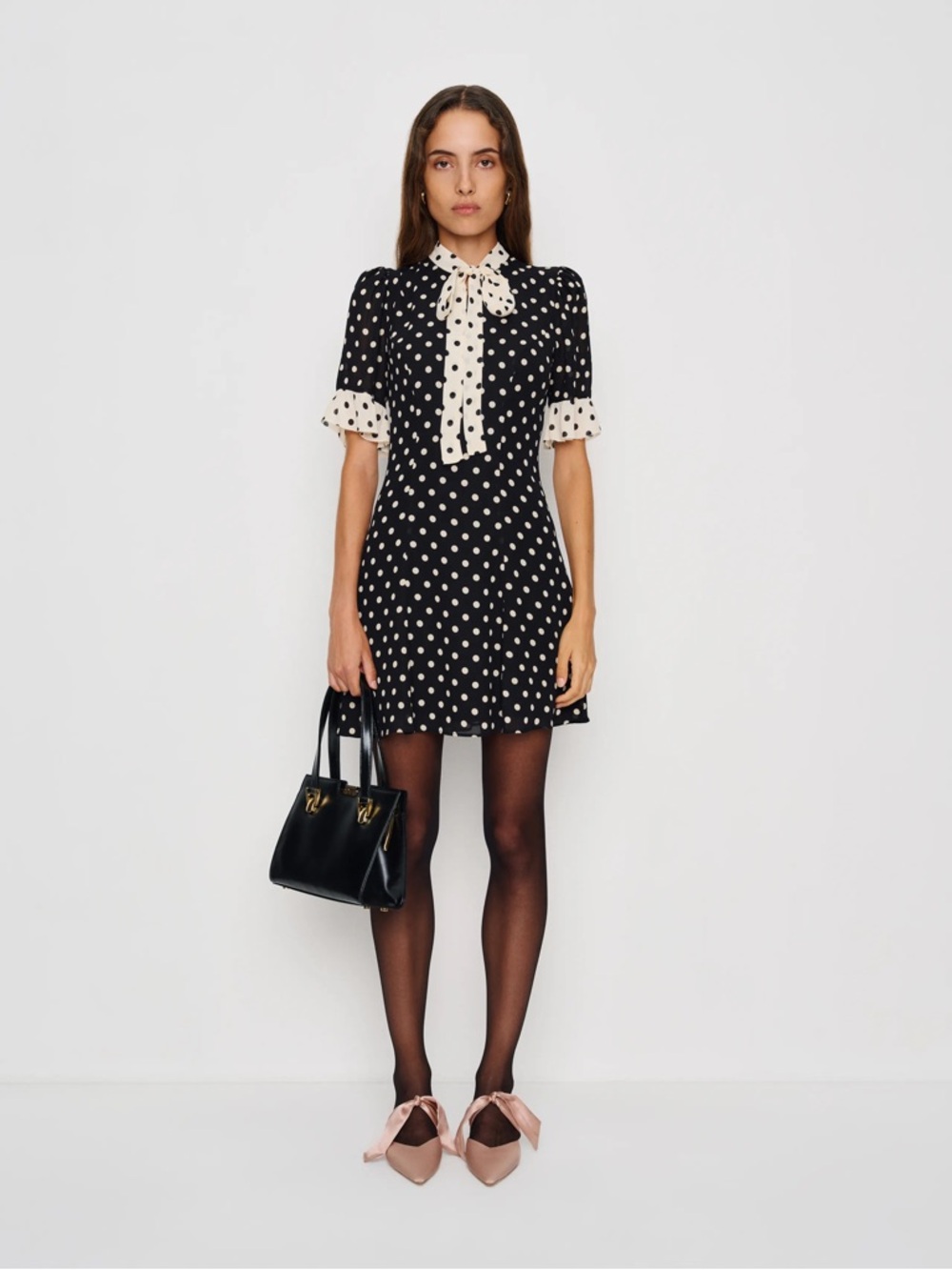 Reformation Black and Cream Polka Dot Tie-Neck Mini Dress